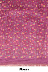 Pink checked bottom floral design linen cotton saree with self zari border and matching blouse