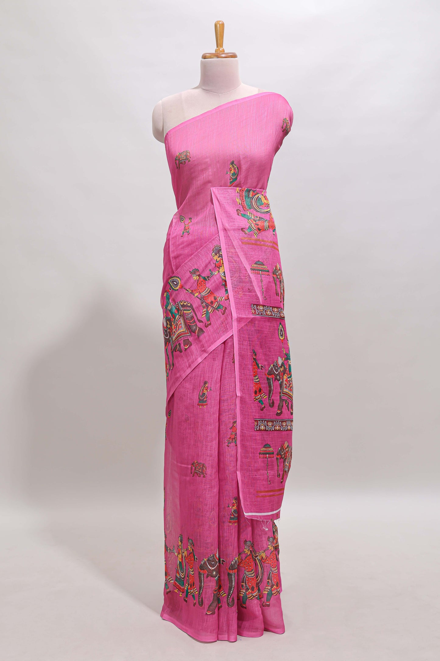 Borderless pink kalamkari style pattachitra art design linen cotton saree with matching blouse