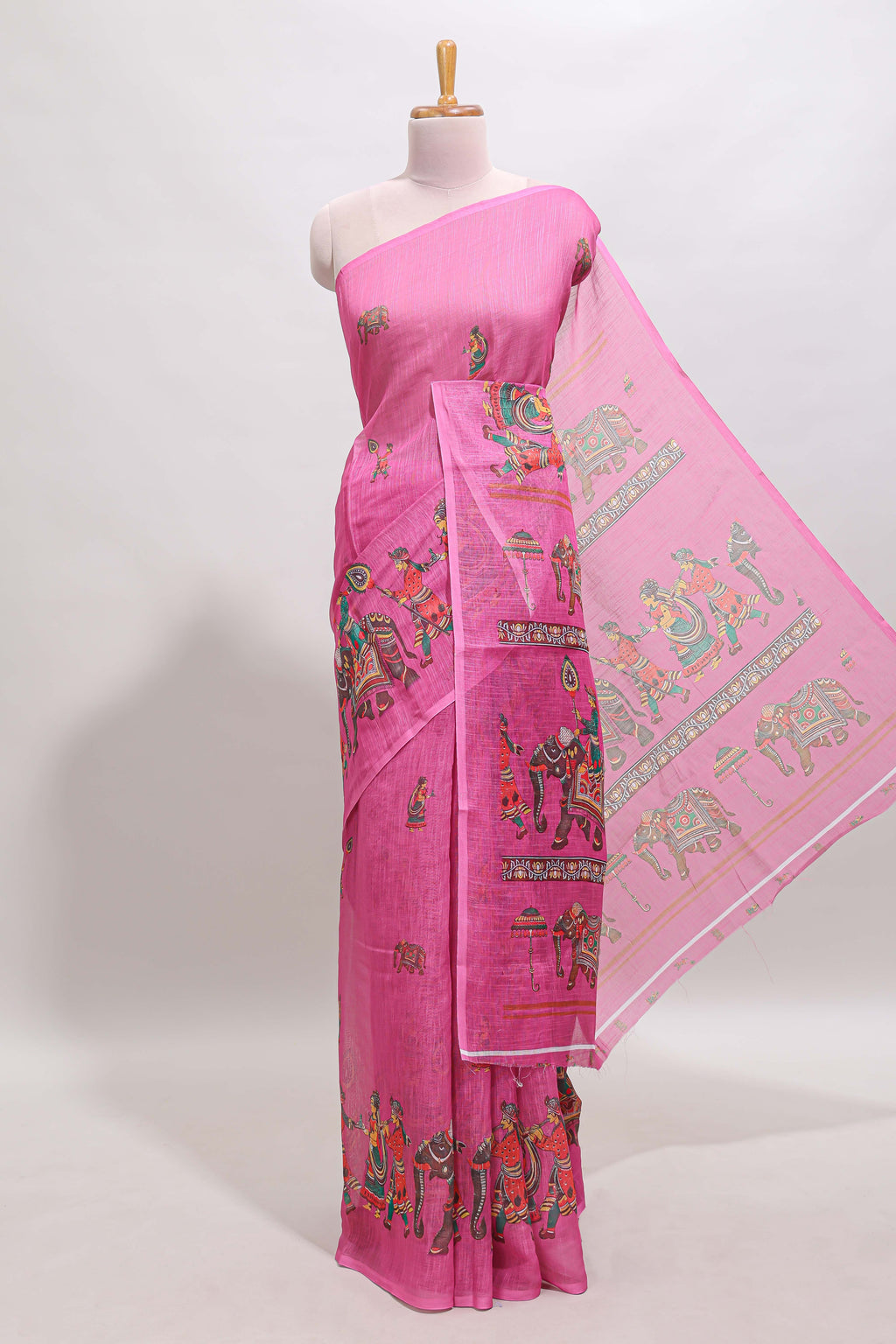Borderless pink kalamkari style pattachitra art design linen cotton saree with matching blouse