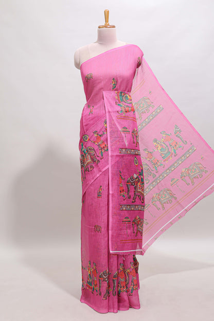 Borderless pink kalamkari style pattachitra art design linen cotton saree with matching blouse