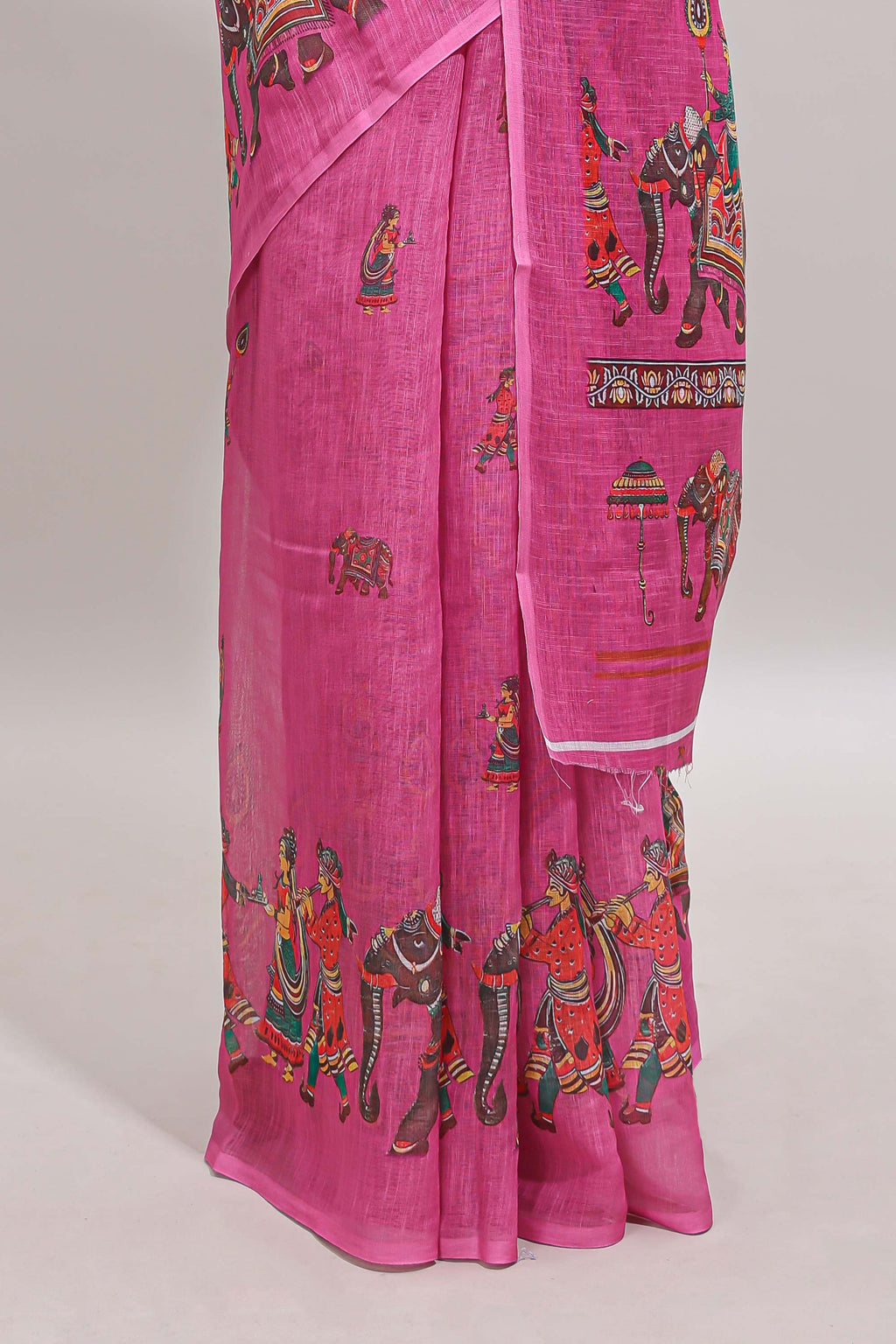 Borderless pink kalamkari style pattachitra art design linen cotton saree with matching blouse