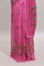 Borderless pink kalamkari style pattachitra art design linen cotton saree with matching blouse