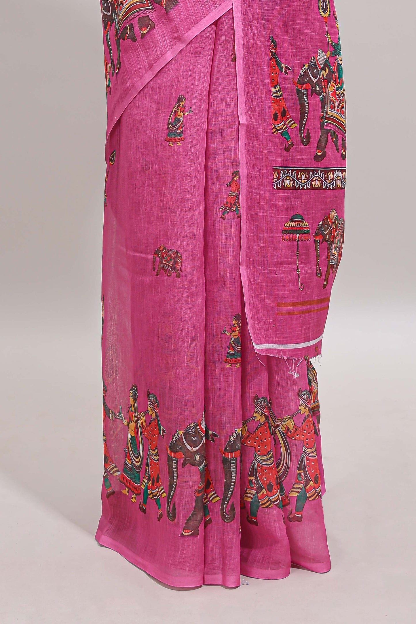 Borderless pink kalamkari style pattachitra art design linen cotton saree with matching blouse