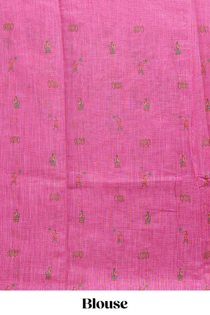 Borderless pink kalamkari style pattachitra art design linen cotton saree with matching blouse