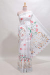 White floral & cow design linen cotton saree with self silver zari border and matching blouse