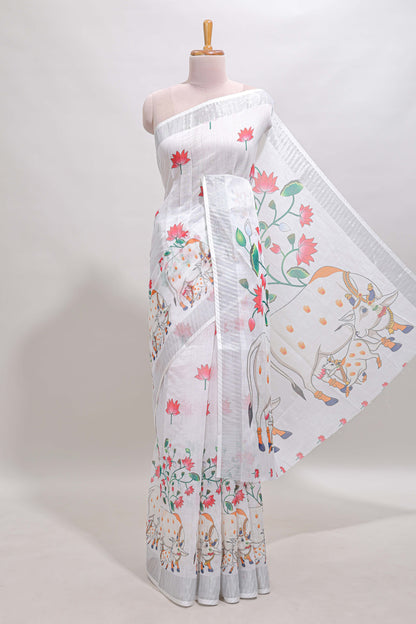 White floral & cow design linen cotton saree with self silver zari border and matching blouse