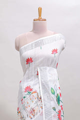 White floral & cow design linen cotton saree with self silver zari border and matching blouse