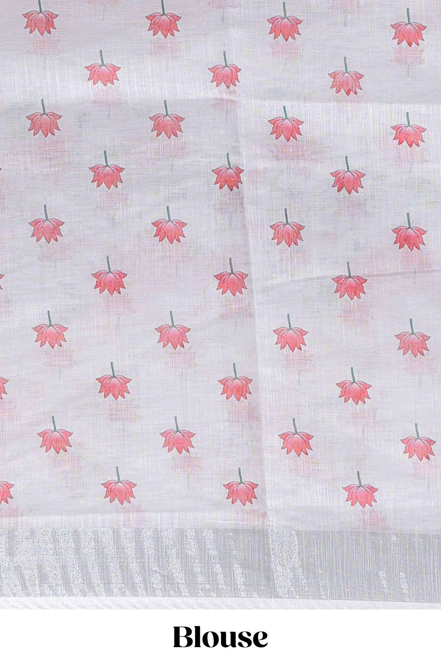 White floral & cow design linen cotton saree with self silver zari border and matching blouse