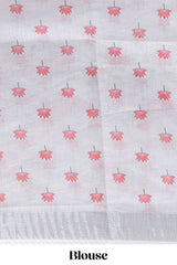 White floral & cow design linen cotton saree with self silver zari border and matching blouse