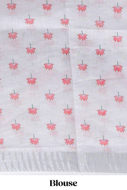 White floral & cow design linen cotton saree with self silver zari border and matching blouse
