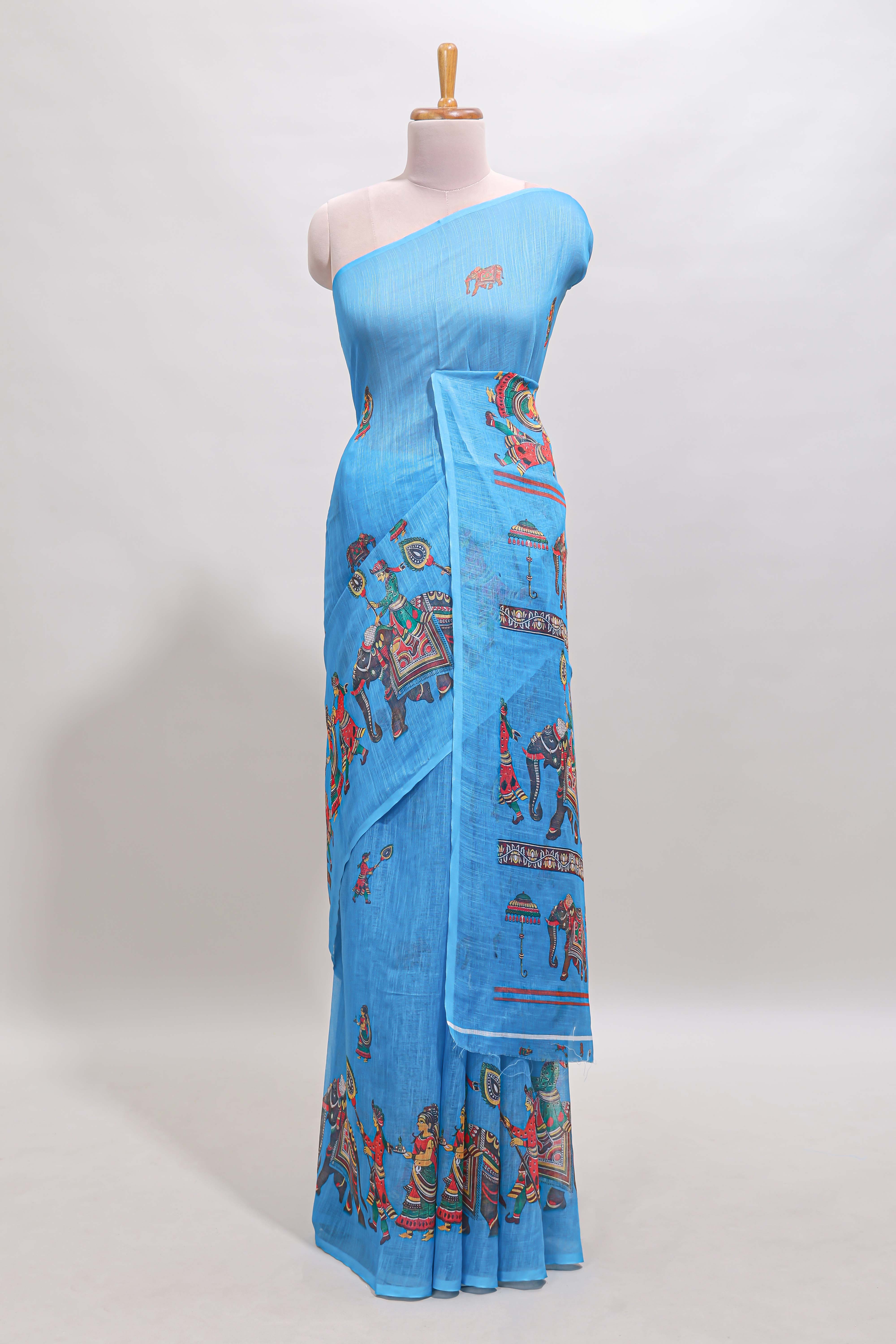 Borderless blue kalamkari style pattachitra art design linen cotton saree with matching blouse