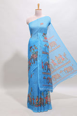 Borderless blue kalamkari style pattachitra art design linen cotton saree with matching blouse