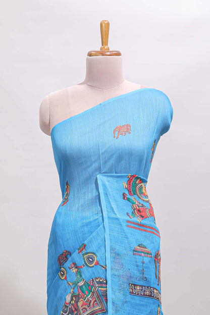 Borderless blue kalamkari style pattachitra art design linen cotton saree with matching blouse