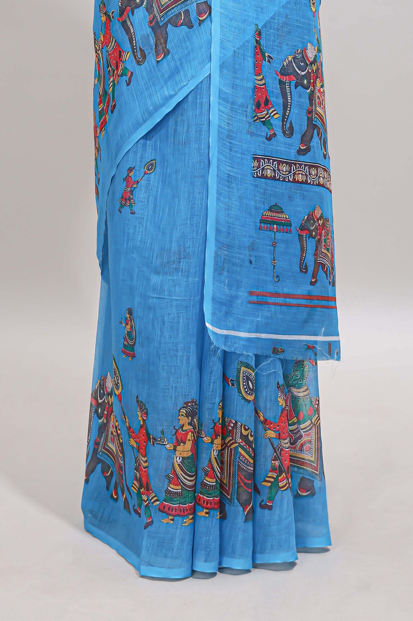 Borderless blue kalamkari style pattachitra art design linen cotton saree with matching blouse