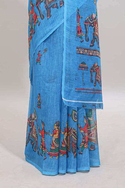 Borderless blue kalamkari style pattachitra art design linen cotton saree with matching blouse