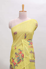 Borderless yellow kalamkari style pattachitra art design linen cotton saree with matching blouse
