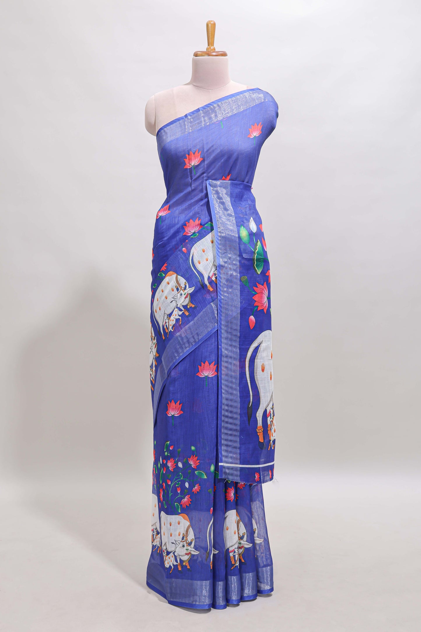 Violet floral & cow design linen cotton saree with self silver zari border and matching blouse