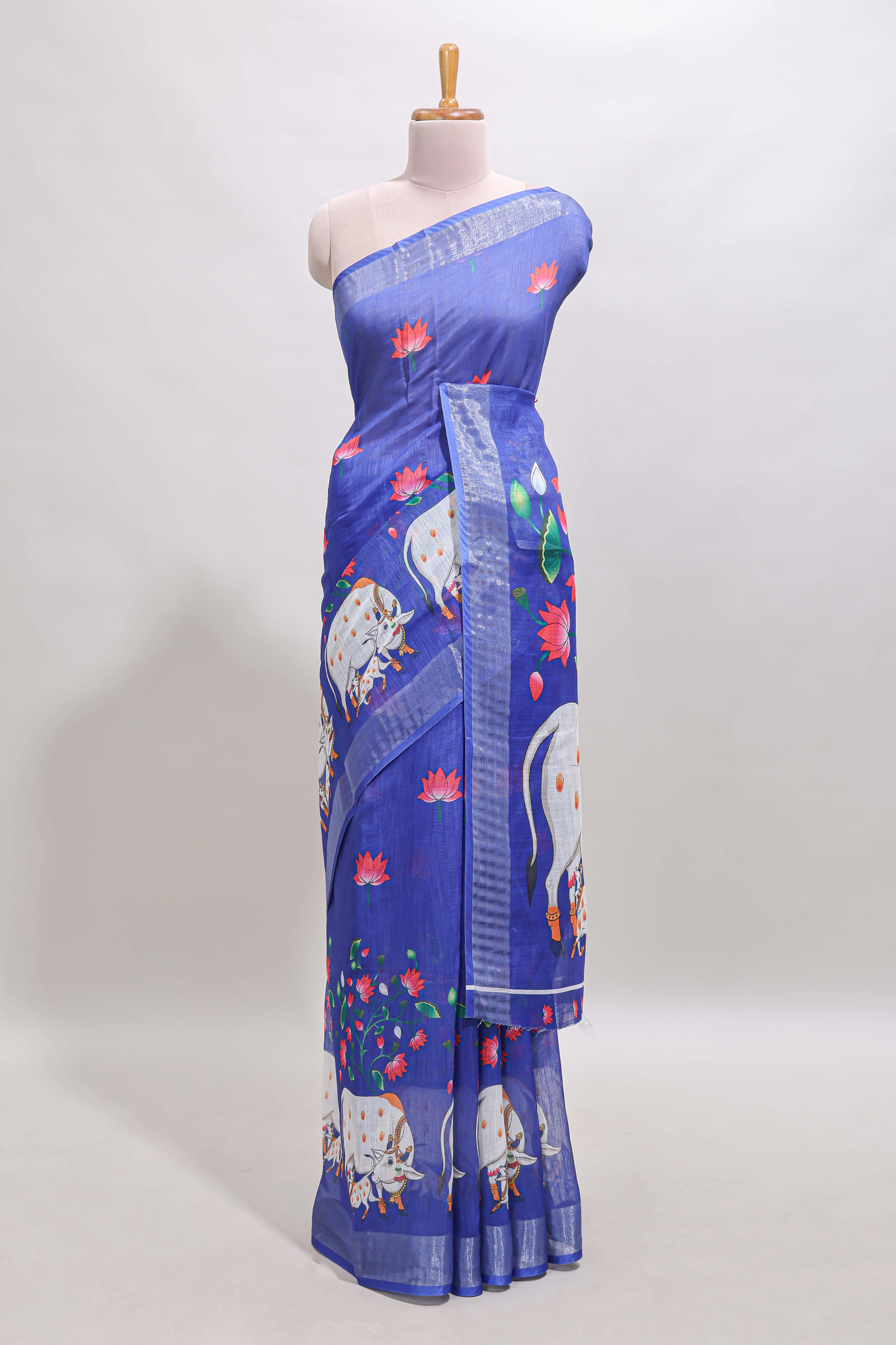 Violet floral & cow design linen cotton saree with self silver zari border and matching blouse