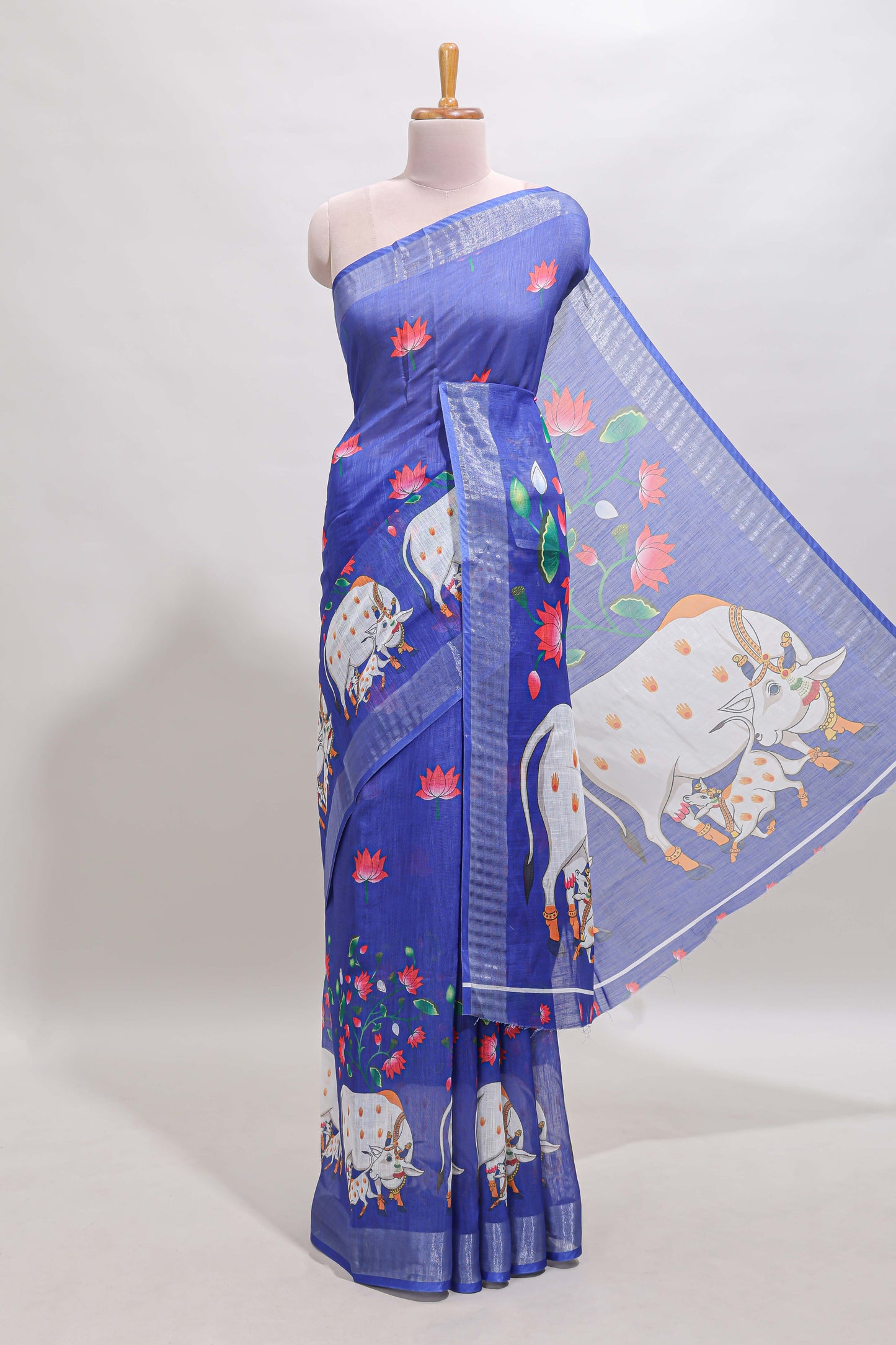 Violet floral & cow design linen cotton saree with self silver zari border and matching blouse