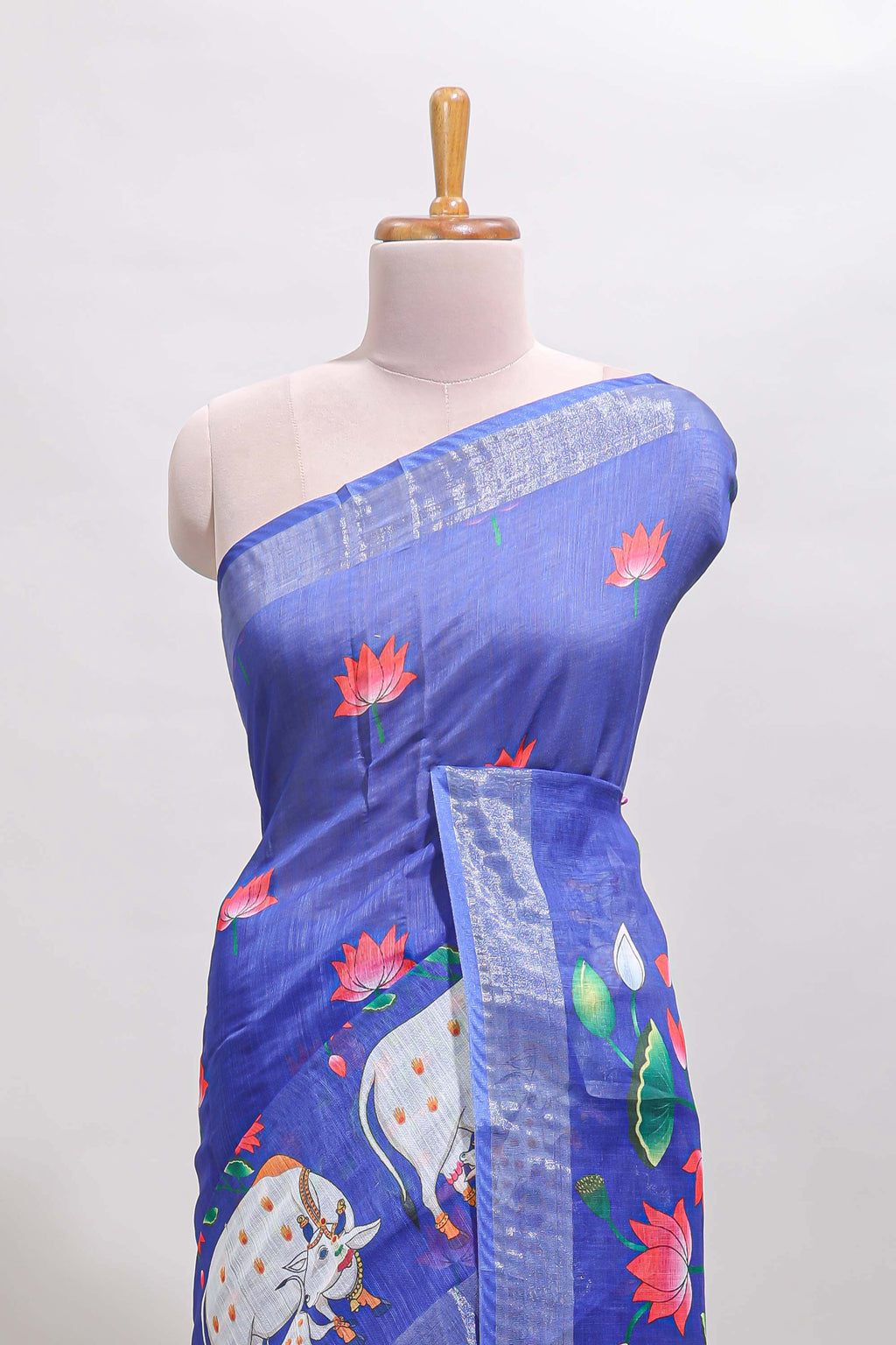 Violet floral & cow design linen cotton saree with self silver zari border and matching blouse