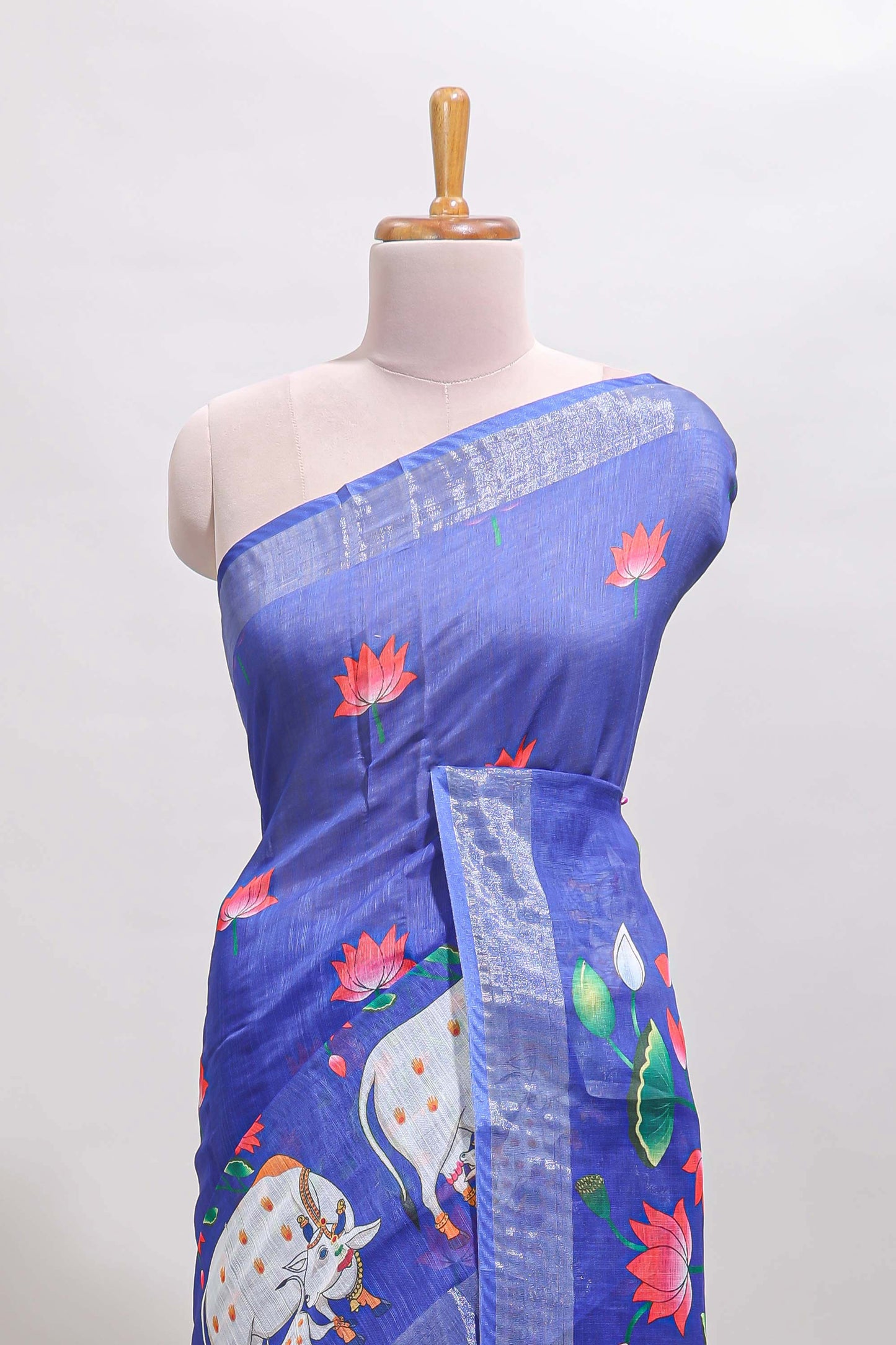 Violet floral & cow design linen cotton saree with self silver zari border and matching blouse