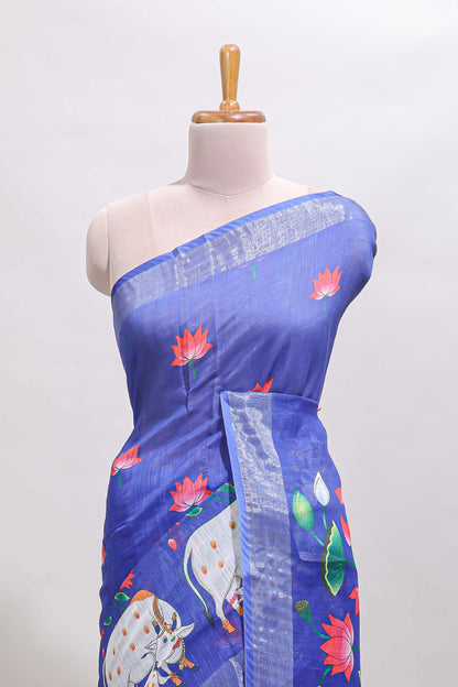 Violet floral & cow design linen cotton saree with self silver zari border and matching blouse
