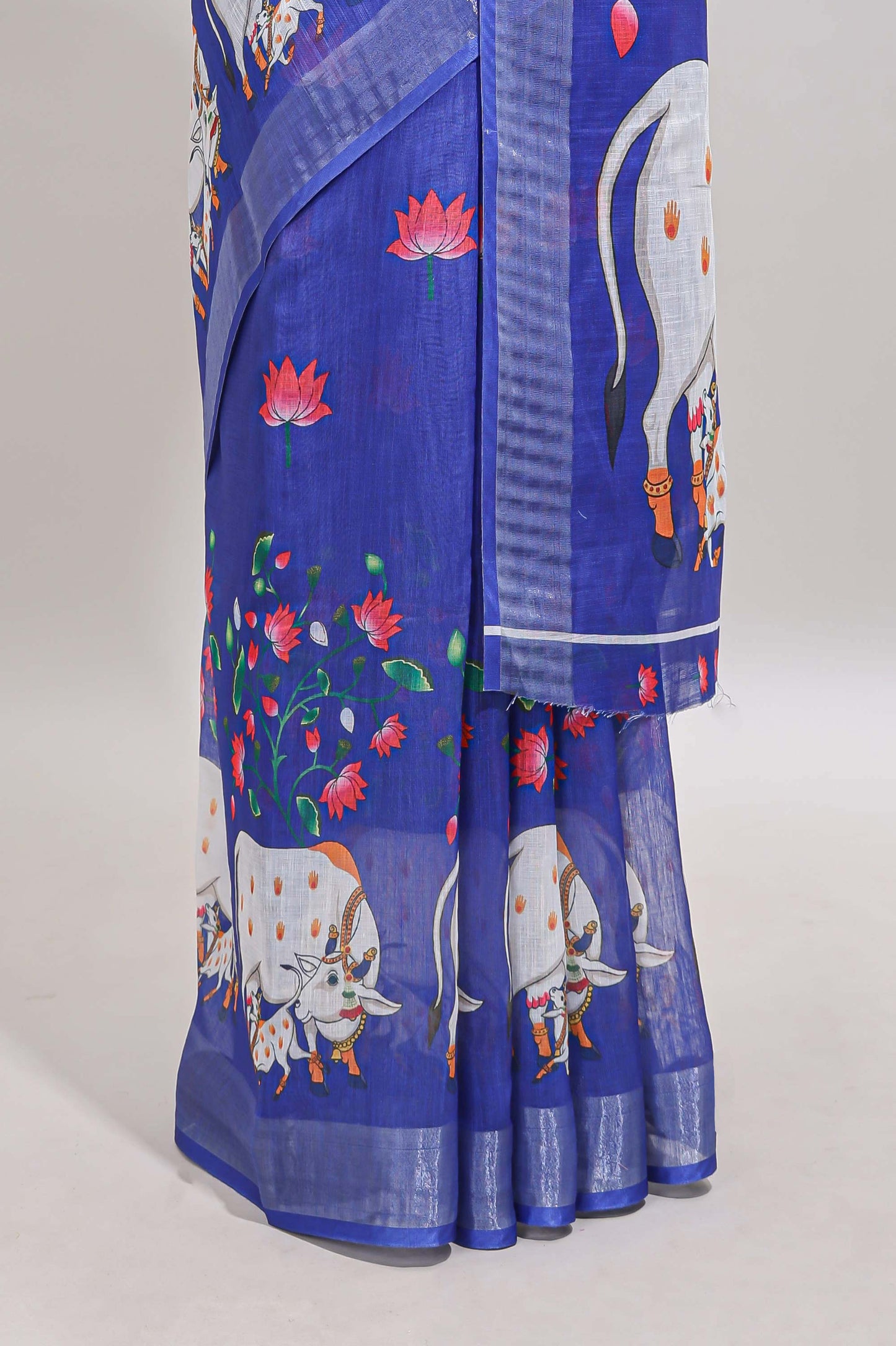 Violet floral & cow design linen cotton saree with self silver zari border and matching blouse
