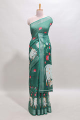 Green floral & cow design linen cotton saree with self silver zari border and matching blouse