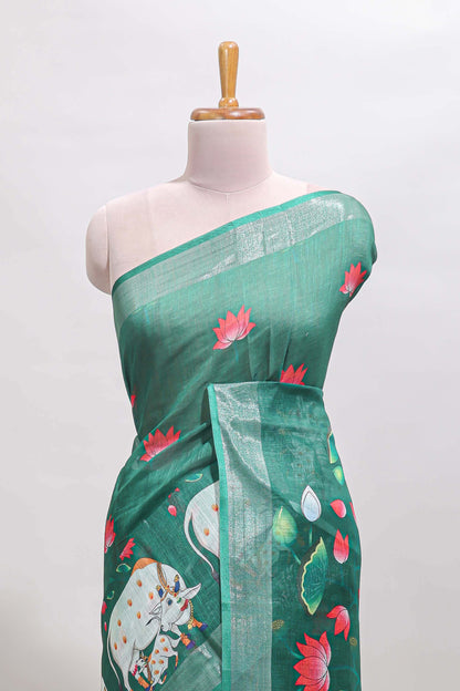 Green floral & cow design linen cotton saree with self silver zari border and matching blouse