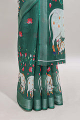 Green floral & cow design linen cotton saree with self silver zari border and matching blouse