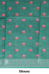 Green floral & cow design linen cotton saree with self silver zari border and matching blouse
