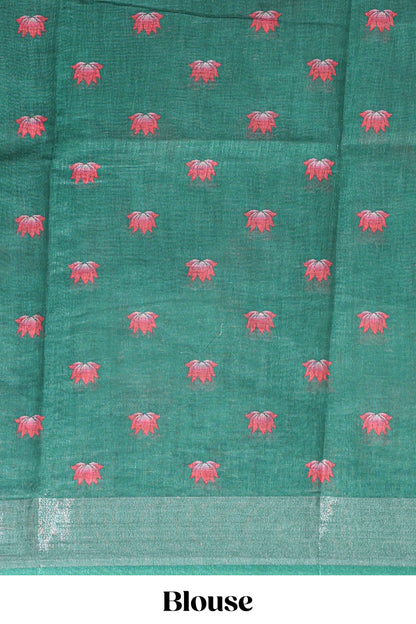 Green floral & cow design linen cotton saree with self silver zari border and matching blouse