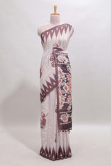 Off white tribal dance dance motifs linen cotton saree with contrast ikkat border and printed pallu