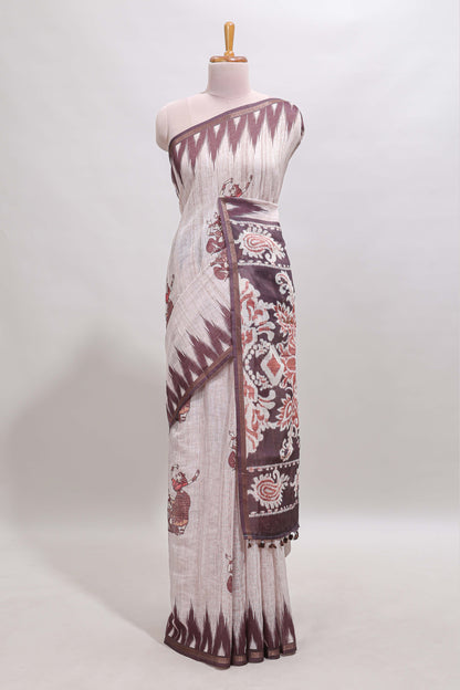Off white tribal dance dance motifs linen cotton saree with contrast ikkat border and printed pallu