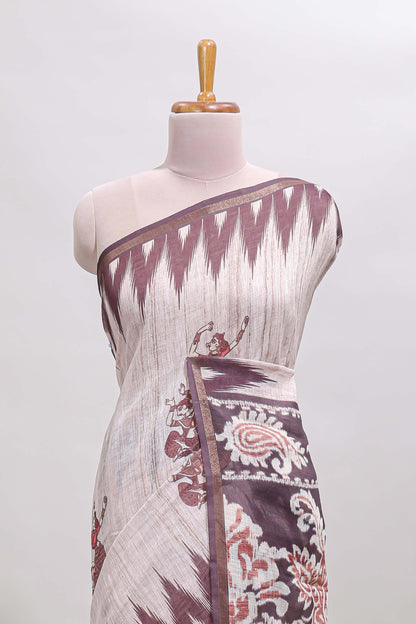 Off white tribal dance dance motifs linen cotton saree with contrast ikkat border and printed pallu