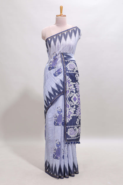 Lavender tribal dance dance motifs linen cotton saree with contrast ikkat border and printed pallu