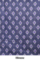 Lavender tribal dance dance motifs linen cotton saree with contrast ikkat border and printed pallu