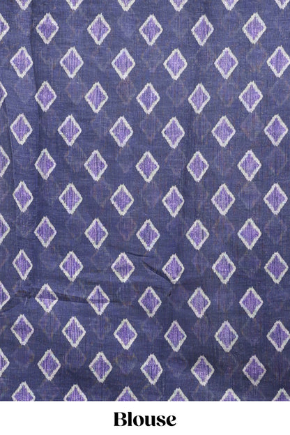 Lavender tribal dance dance motifs linen cotton saree with contrast ikkat border and printed pallu