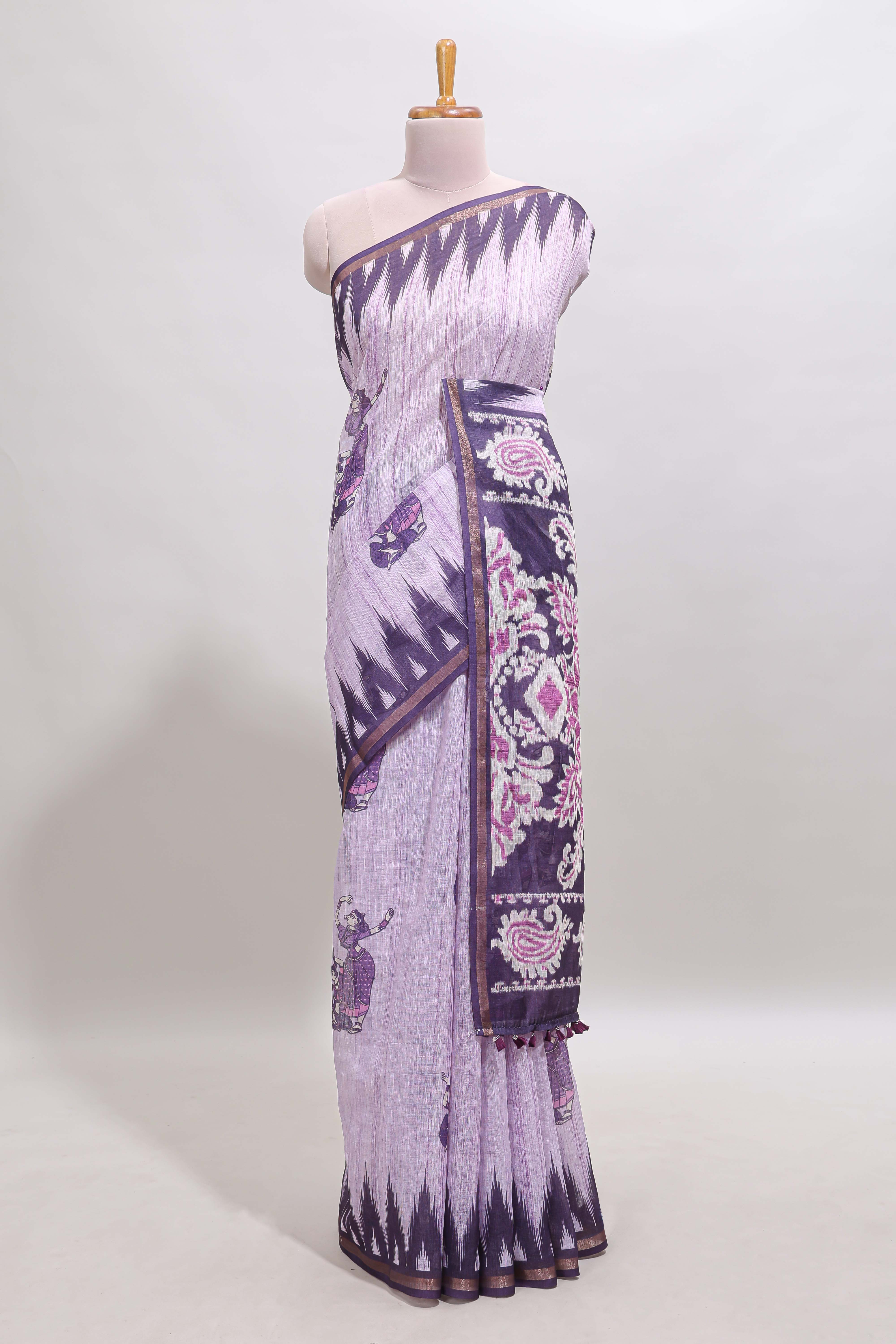 Purple tribal dance dance motifs linen cotton saree with contrast ikkat border and printed pallu