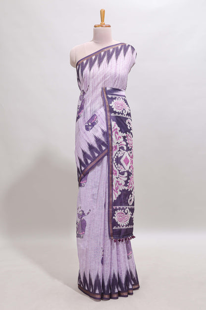 Purple tribal dance dance motifs linen cotton saree with contrast ikkat border and printed pallu
