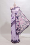 Purple tribal dance dance motifs linen cotton saree with contrast ikkat border and printed pallu