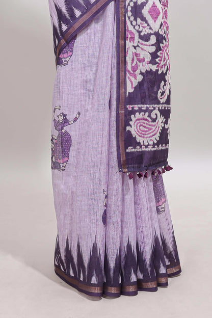 Purple tribal dance dance motifs linen cotton saree with contrast ikkat border and printed pallu