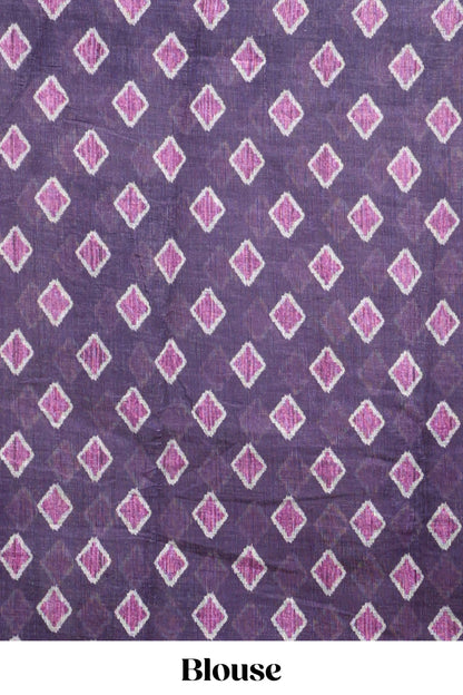 Purple tribal dance dance motifs linen cotton saree with contrast ikkat border and printed pallu