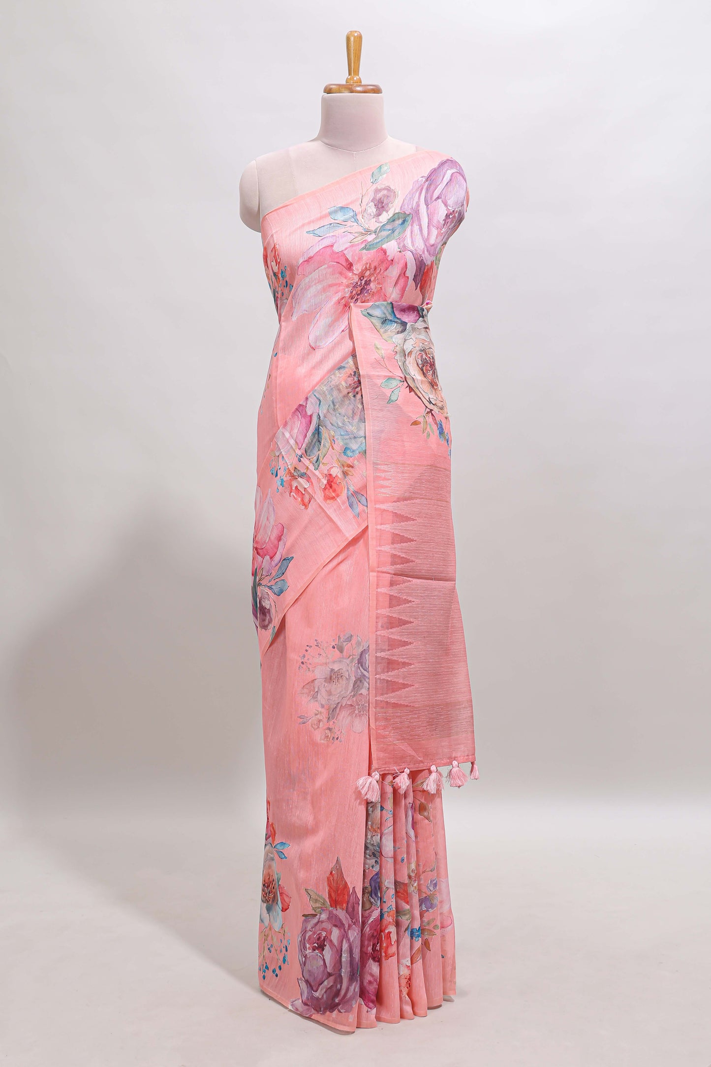Borderless pink floral design linen cotton saree with matching blouse