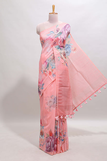 Borderless pink floral design linen cotton saree with matching blouse