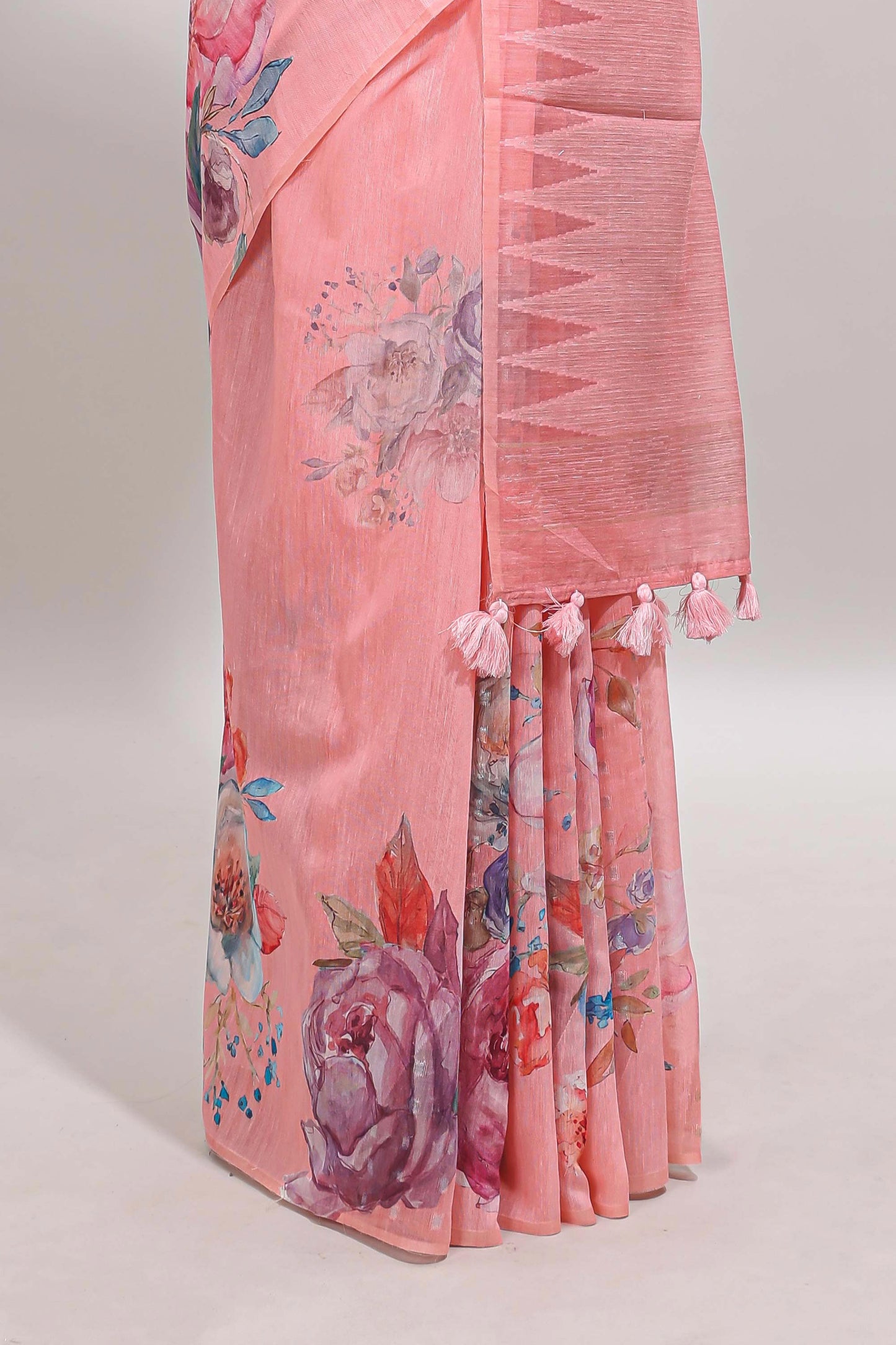 Borderless pink floral design linen cotton saree with matching blouse