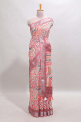 Multi color abstract design linen cotton saree with contrast border and matching blouse