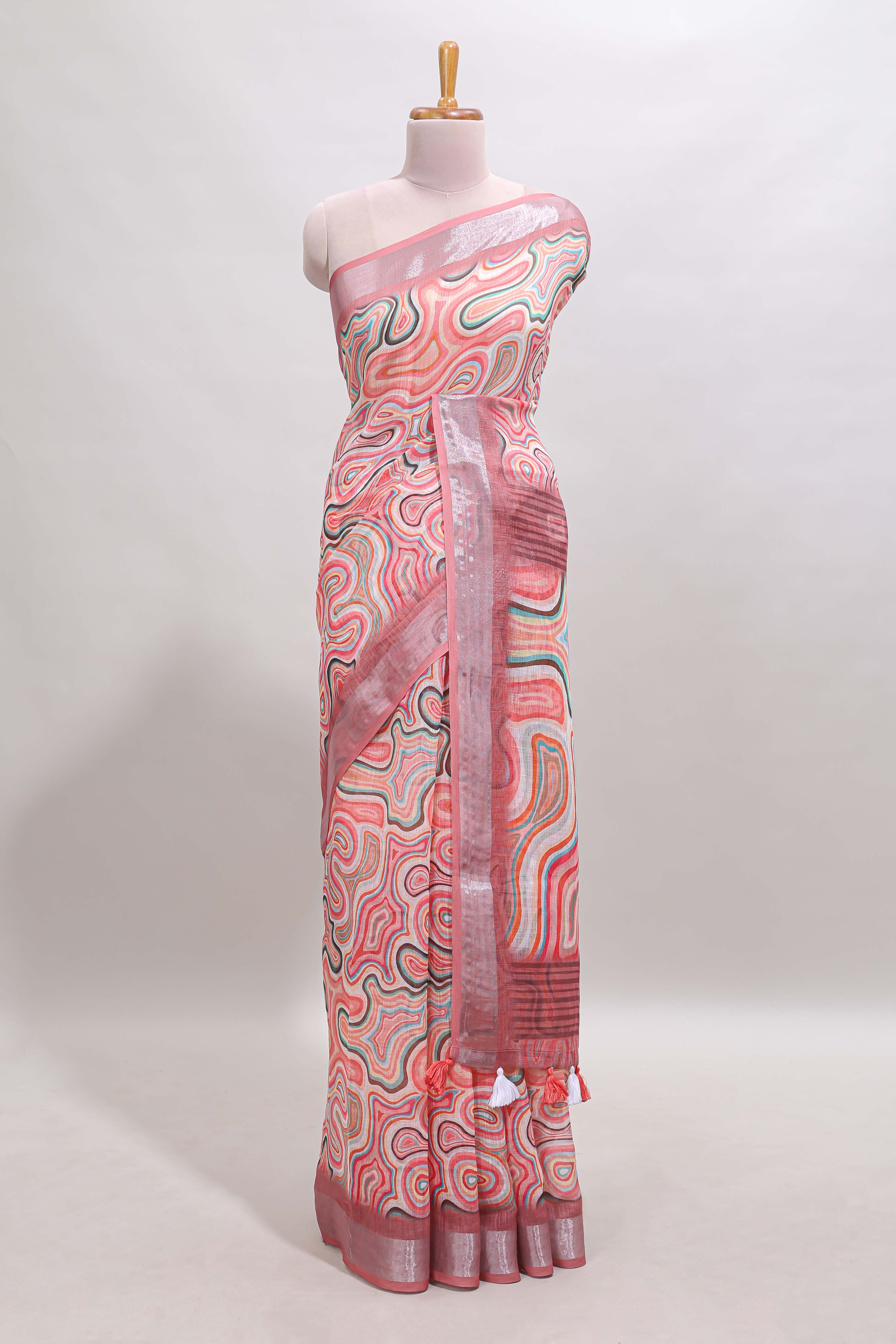 Multi color abstract design linen cotton saree with contrast border and matching blouse