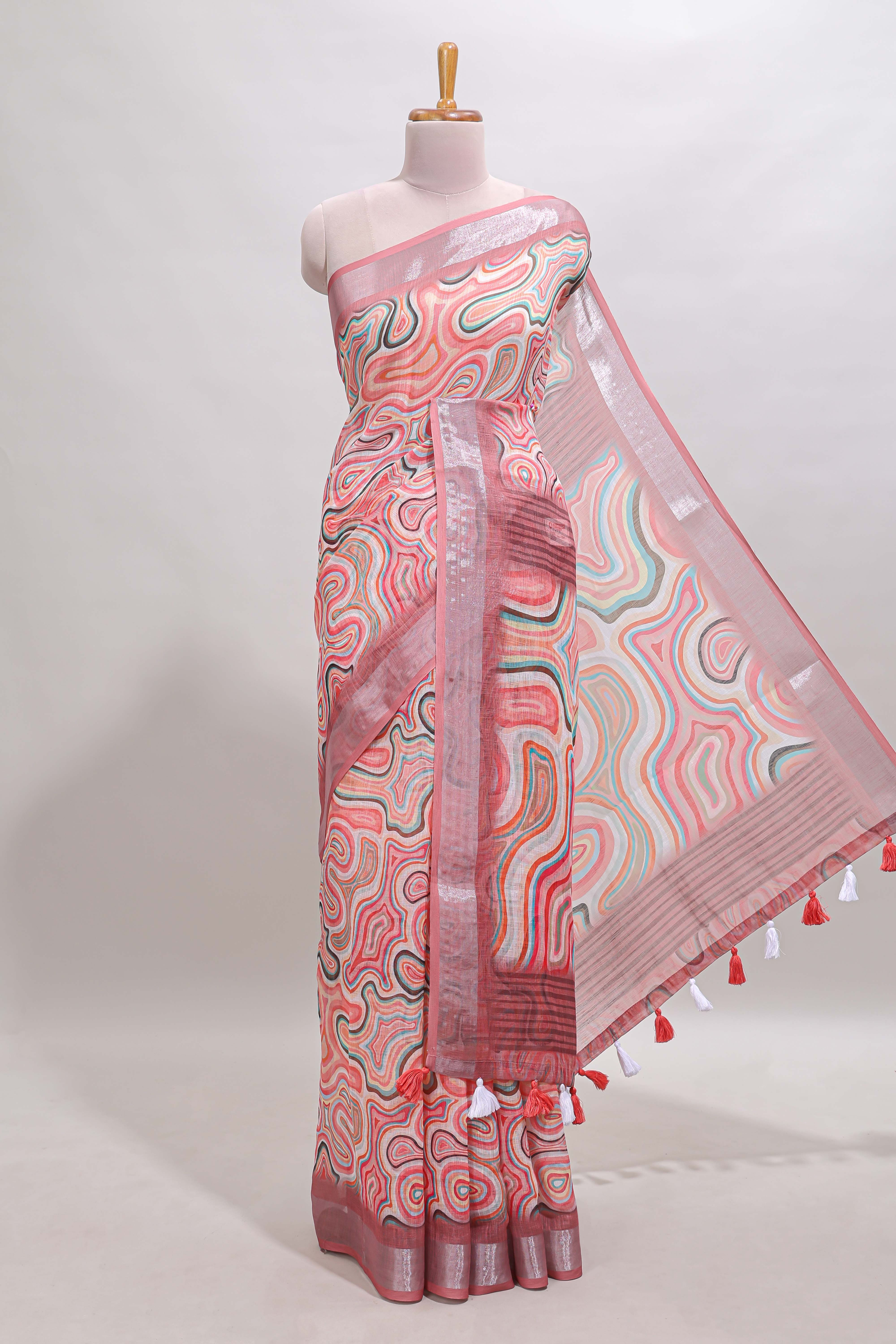 Multi color abstract design linen cotton saree with contrast border and matching blouse