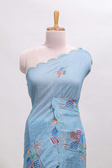 Blue floral design linen cotton saree with scallop border and matching printed blouse